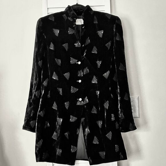 90s Retro Velvet Blazer Jacket Longline Black Sheer Burnout Statement Size 6 - Picture 1 of 14